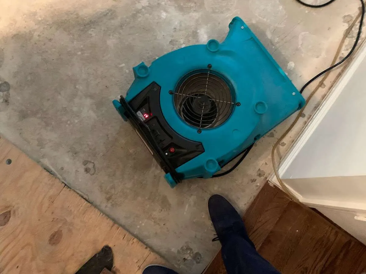 Air mover drying subfloor during Leak Detection & Repair in Oradell